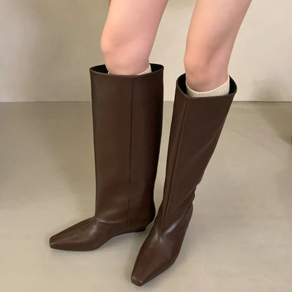 Autumn Winter Soft Leather Cosy Pointed Toe Wedges Heels Long Knee High Boots