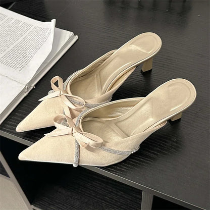 Butterfly-knot Women Slippers Design Style Ladies Pointed Toe Mules Slides Shoes Low Heel Pumps