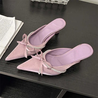 Butterfly-knot Women Slippers Design Style Ladies Pointed Toe Mules Slides Shoes Low Heel Pumps