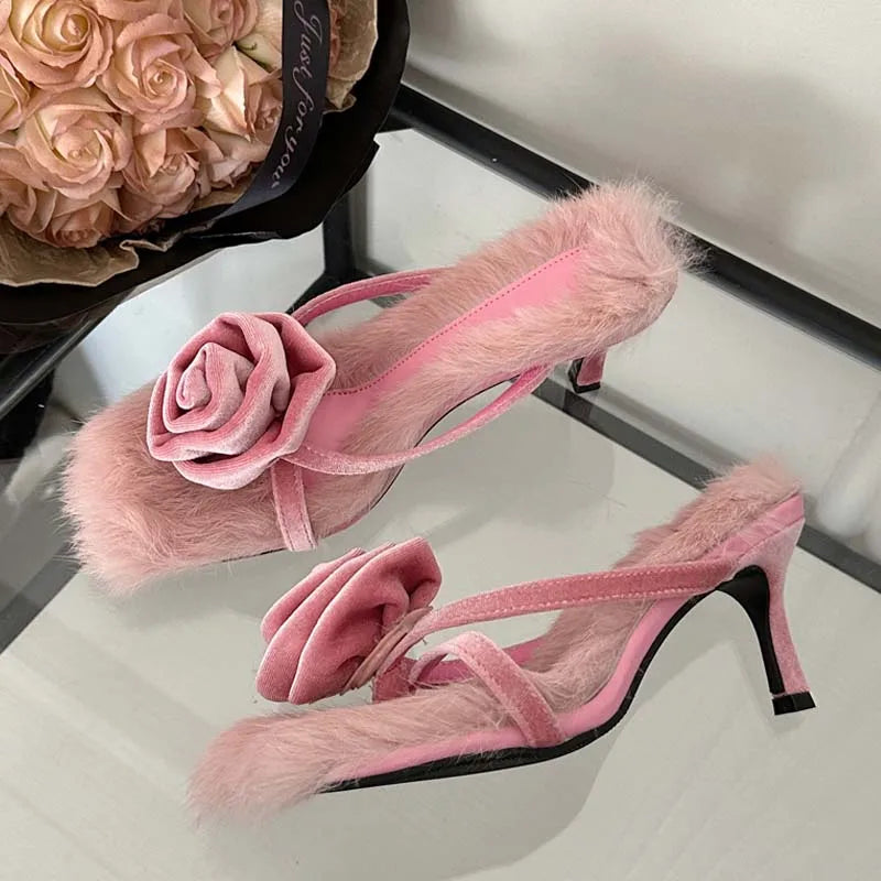 Corduroy Faux Fur Slippers Women Square Toe Highs Slides Summer Outdoor Banquet Shoes Low Heel Pumps Main image