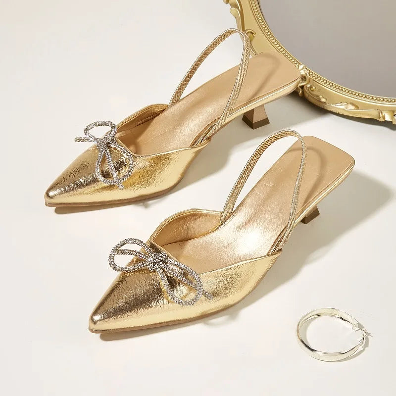 Bowknot Thin Women Gladiator Slingbacks Party Pointed Toe Prom Shoes Low Heel Pumps Main image