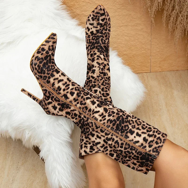 Design Pointed Toe Thin Heels Fashion Leopard Print Zipper Knee High Boots Main image