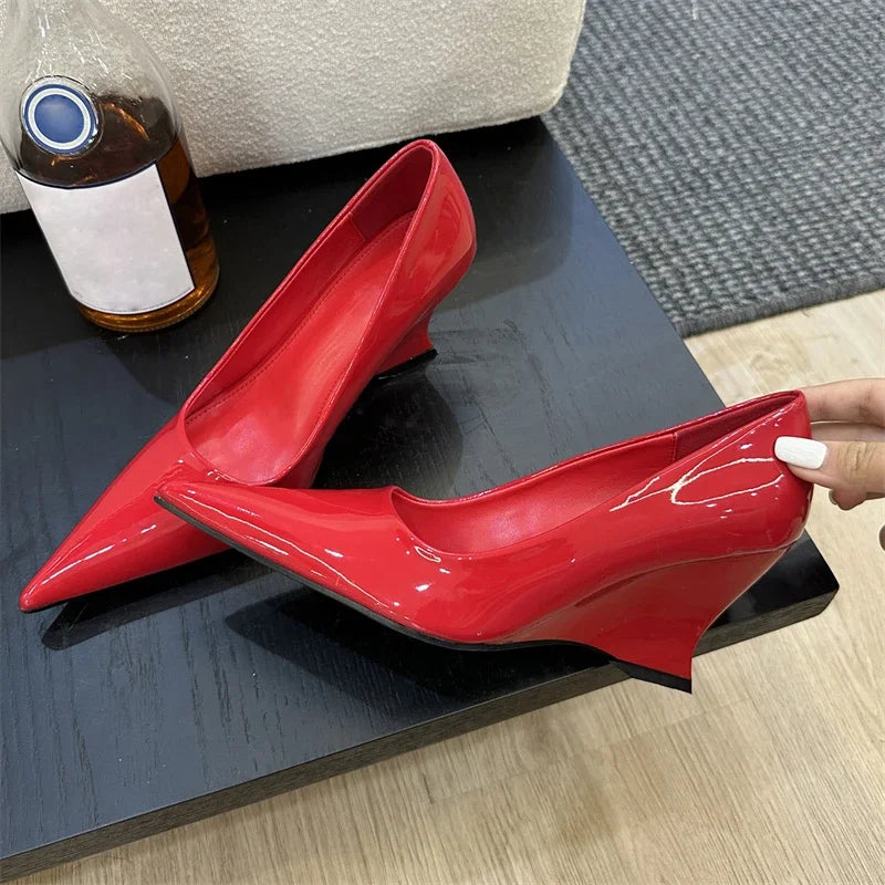 Design Pointed Toe Wedges Highs Women Silver Red Shoes Sexy Wedding Banquet Shoes Low Heel Pumps