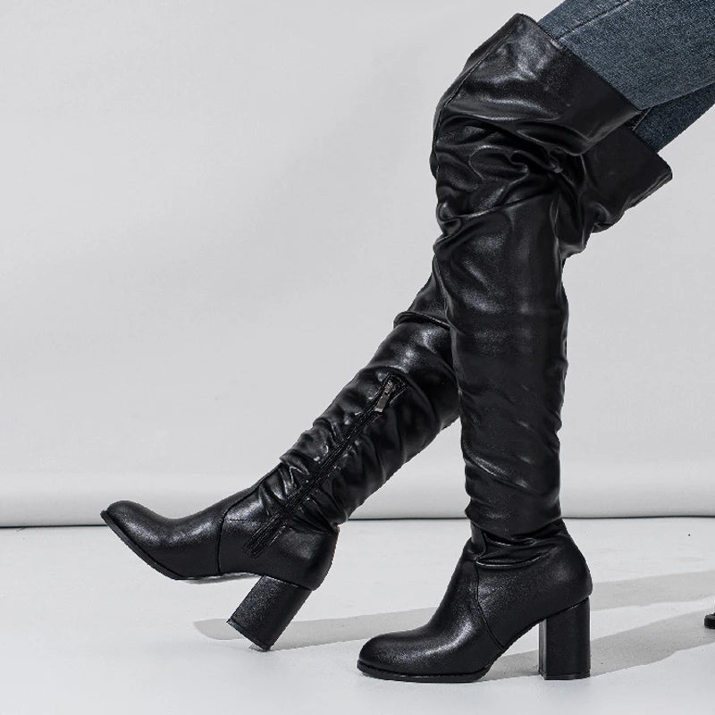 Designer Pleated Over-the-Heels Runway Round Toe Zipper Knee High Boots Main image