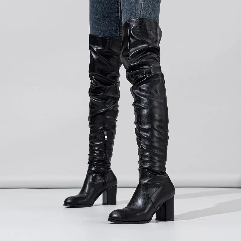 Designer Pleated Over-the-Heels Runway Round Toe Zipper Knee High Boots Secondary image