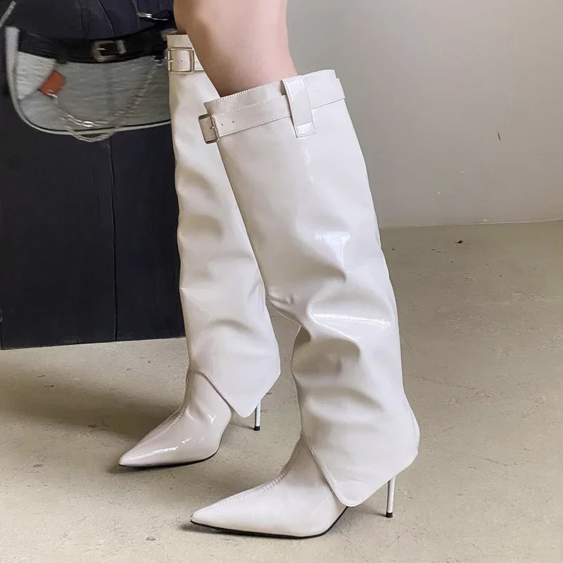 Designer  Patent Leather Thin Heels Long Belt Buckle Stripper Knee High Boots Main image