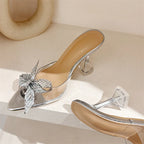 Elegant Glitter Peep Toe Women Slippers  PVC Transparent High Banquet Party Mule Shoes Low Heel Pumps