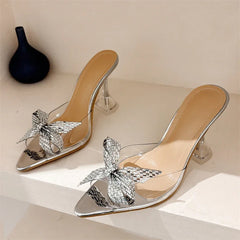 Elegant Glitter Peep Toe Women Slippers  PVC Transparent High Banquet Party Mule Shoes Low Heel Pumps