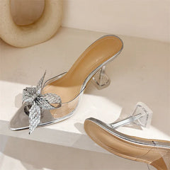 Elegant Glitter Peep Toe Women Slippers  PVC Transparent High Banquet Party Mule Shoes Low Heel Pumps