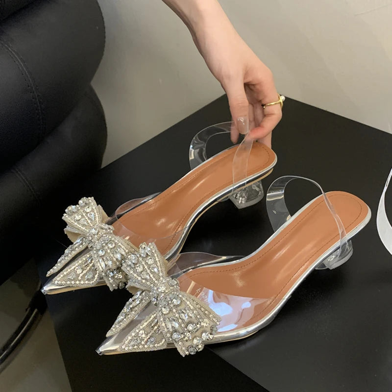 Elegant PVC Transparent Sequined Bowknot Women High Party Prom Shoes Low Heel Pumps Main image