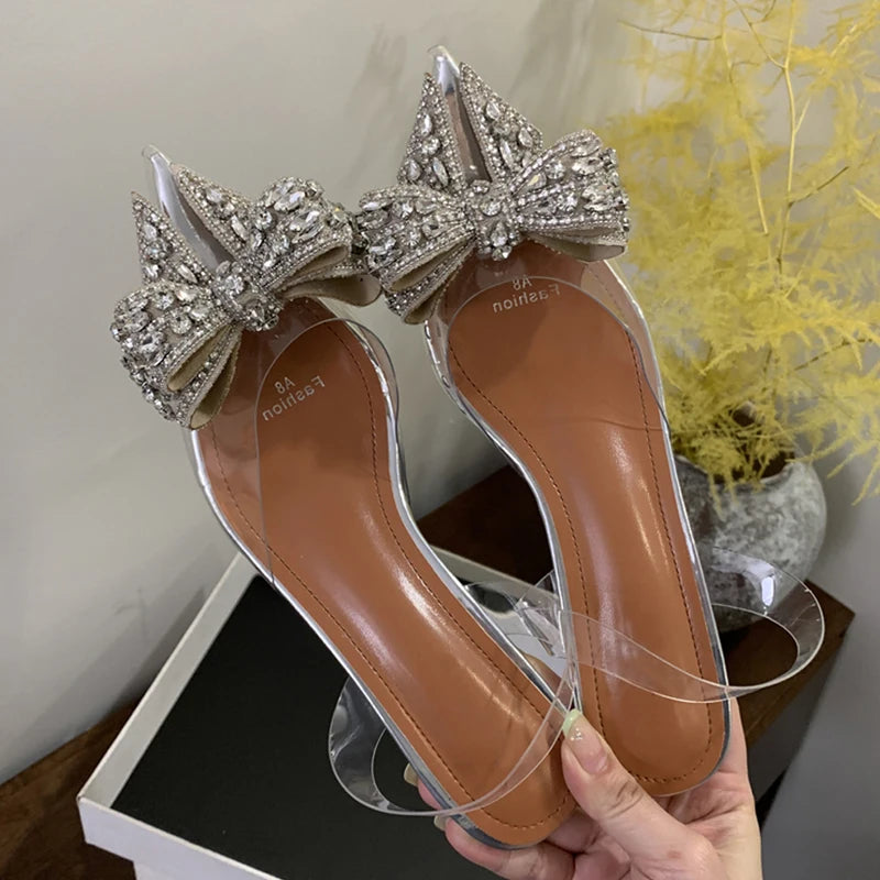 Elegant PVC Transparent Sequined Bowknot Women High Party Prom Shoes Low Heel Pumps Secondary image