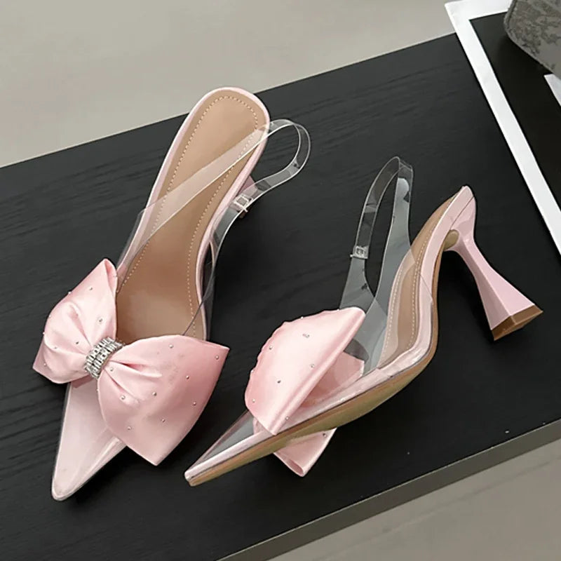 Fashion Butterfly-knot Pointed Toe Women PVC Transparent Highs Wedding Banquet Mules Shoes Low Heel Pumps Main image