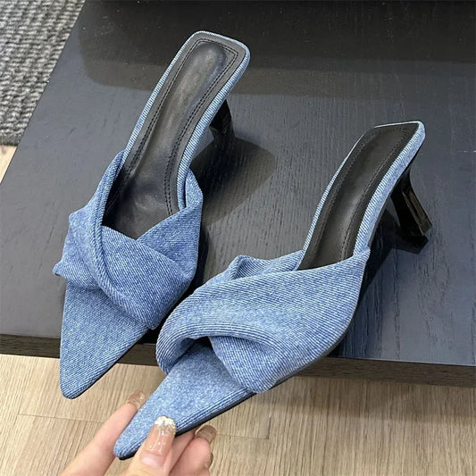 Fashion Design Pleated Pointed Toe Slippers Elegant Thin Summer Slide Shoes Low Heel Pumps