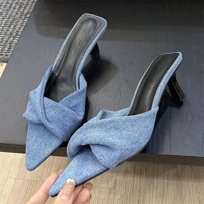 Fashion Design Pleated Pointed Toe Slippers Elegant Thin Summer Slide Shoes Low Heel Pumps Main image