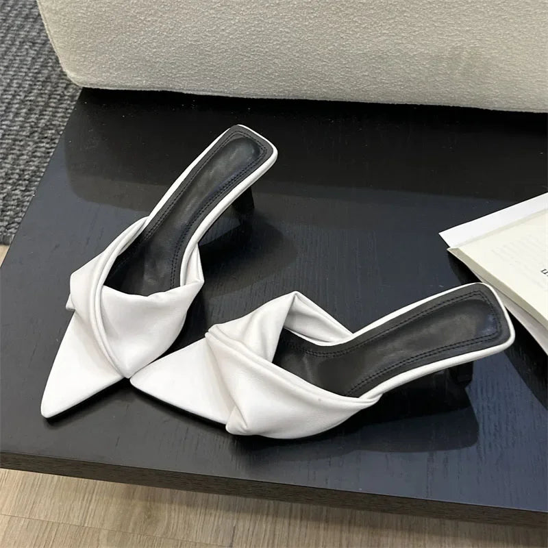 Fashion Design Pleated Pointed Toe Slippers Elegant Thin Summer Slide Shoes Low Heel Pumps Secondary image