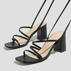 Fashion Narrow Band Ankle Cross-Strap Women's Summer Square Toe Highs Party Shoes Low Heel Pumps
