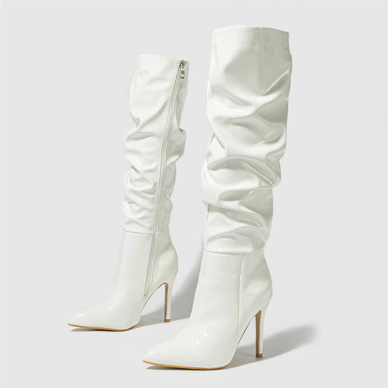 Fashion Patent Leather  Pointed Toe Thin Heels Zipper Long Knee High Boots