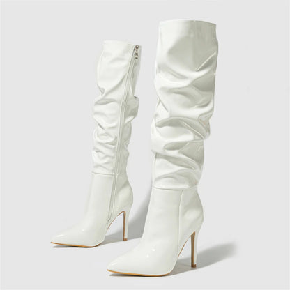 Fashion Patent Leather Sexy Pointed Toe Thin Heels Zipper Long Knee High Boots