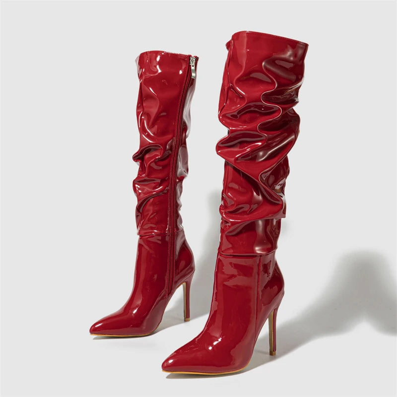 Fashion Patent Leather Sexy Pointed Toe Thin Heels Zipper Long Knee High Boots