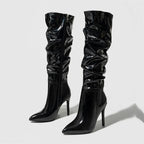 Fashion Patent Leather  Pointed Toe Thin Heels Zipper Long Knee High Boots