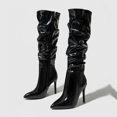 Fashion Patent Leather  Pointed Toe Thin Heels Zipper Long Knee High Boots