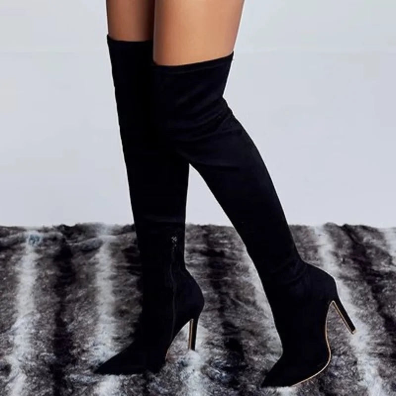 Fashion Pointed Toe Thin Heels  Flock Thigh Long Autumn Winter Knee High Boots Main image