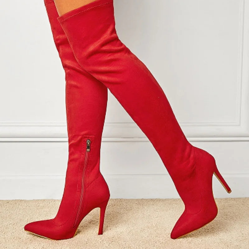 Fashion Pointed Toe Thin Heels Sexy Flock Thigh Long Autumn Winter Knee High Boots