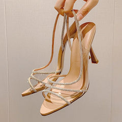 Summer  Slingback Highs Rhinestones Elegant Pointed Toe Transparent PVC Party Shoes Low Heel Pumps