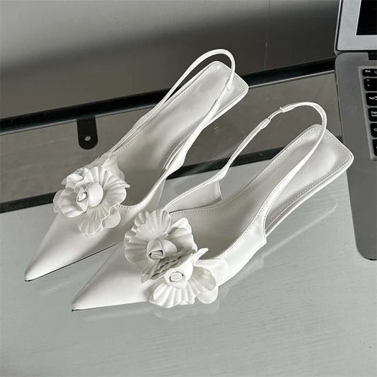 Fashion Sexy Pointed Toe Thin Women Elegant Wedding Slingback Mules Shoes Low Heel Pumps