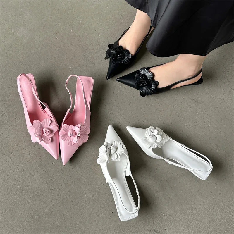 Fashion Sexy Pointed Toe Thin Women Elegant Wedding Slingback Mules Shoes Low Heel Pumps