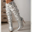 Fashion Silver  Pointed Toe Thin Heels Long Side Zipper Knee High Boots