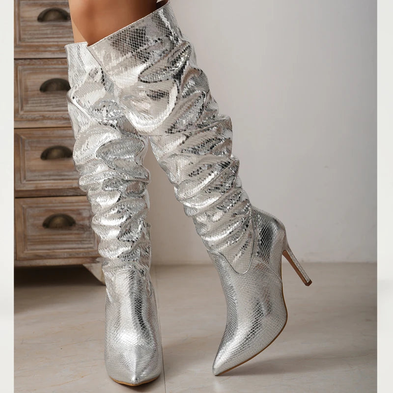 Fashion Silver  Pointed Toe Thin Heels Long Side Zipper Knee High Boots Main image