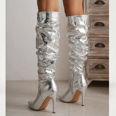Fashion Silver  Pointed Toe Thin Heels Long Side Zipper Knee High Boots