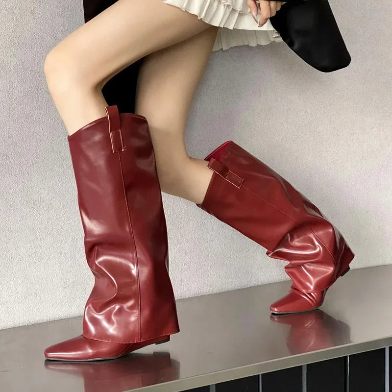 Fashion Wedges Heels Pleated Pointed Toe Design Style Ladies Knee High Boots Main image