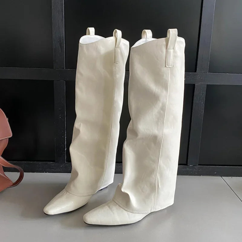 Fashion Wedges Heels Pleated Pointed Toe Design Style Ladies Knee High Boots