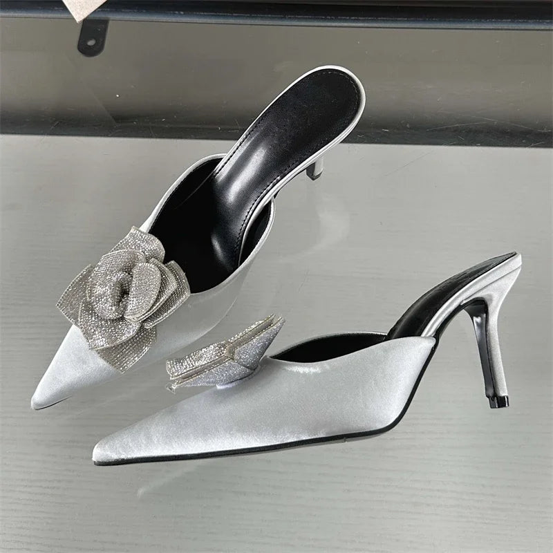 New Design Silk Pointed Toe Women Slippers Fashion Thin Party Dress Ladies Mule Shoes Low Heel Pumps Main image