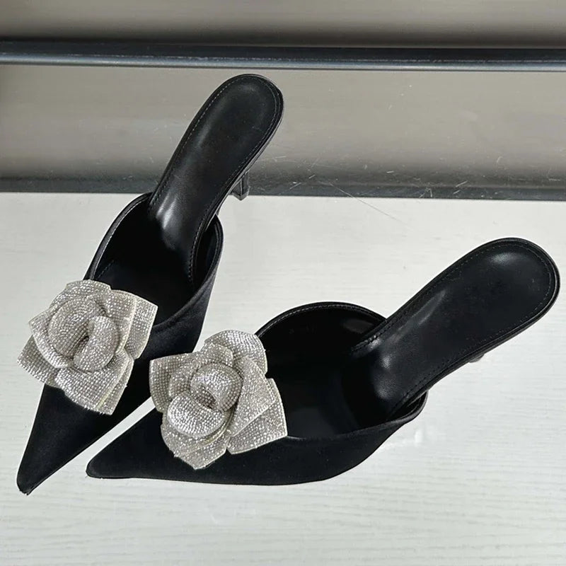 New Design Silk Pointed Toe Women Slippers Fashion Thin Party Dress Ladies Mule Shoes Low Heel Pumps Secondary image