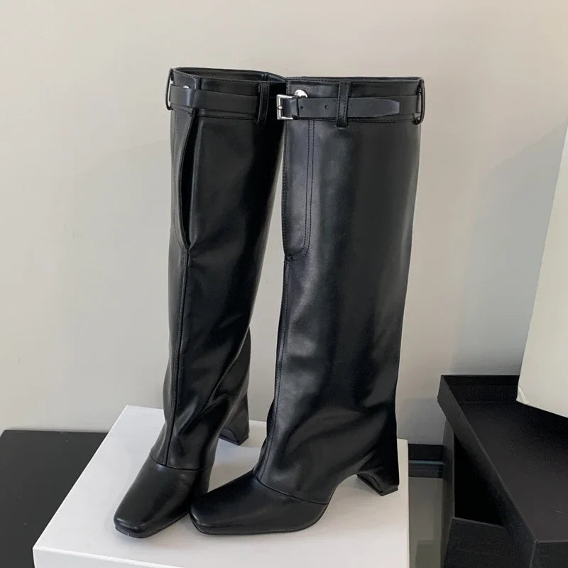 New Winter Street Style Belt Buckle Strap Square Heels Stripper Knee High Boots Secondary image