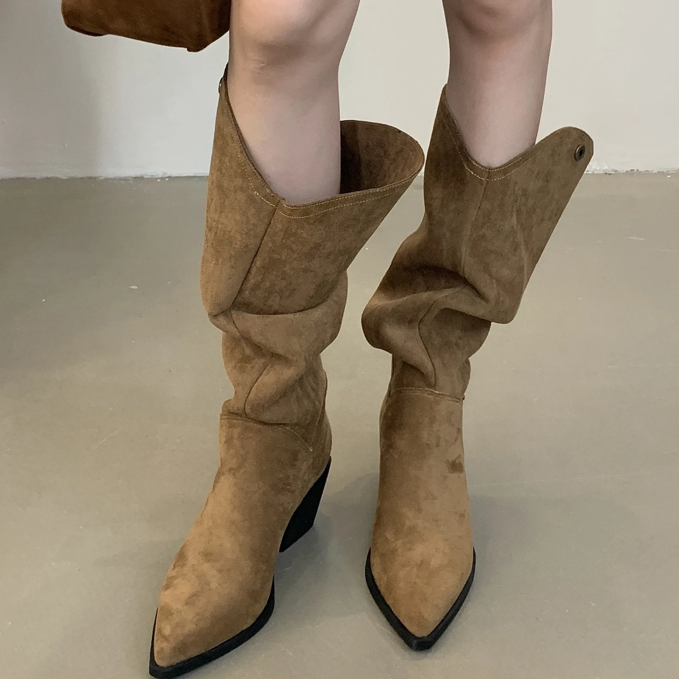 Retro Style Fold Button Fashion Pointed Toe Square Heels Casual Knee High Boots Main image