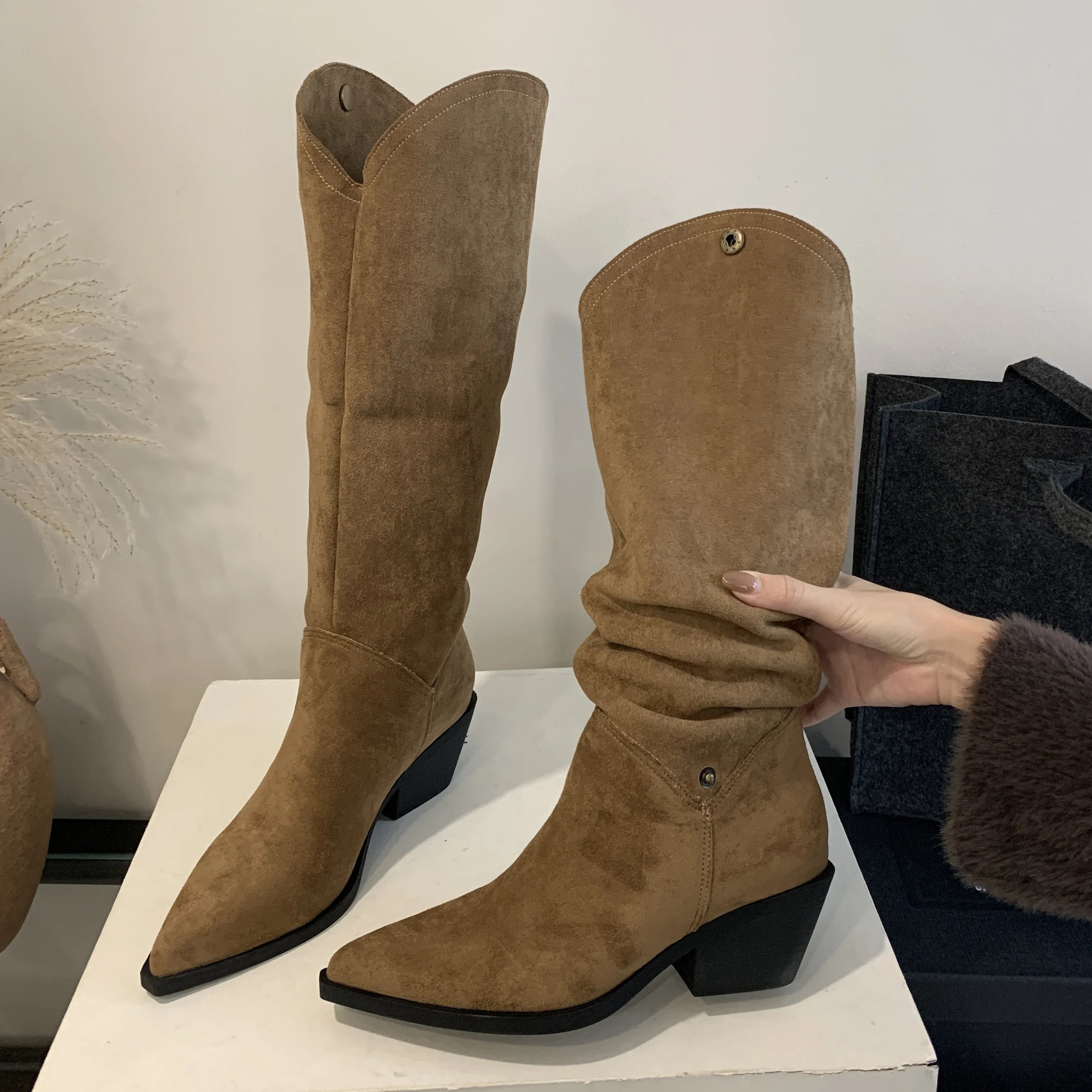 Retro Style Fold Button Fashion Pointed Toe Square Heels Casual Knee High Boots Secondary image