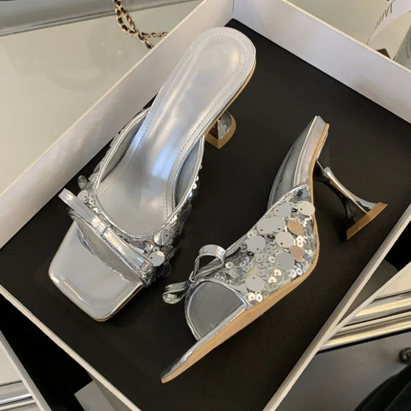 Sequined Square Toe Women Slippers  Butterfly-knot Elegant High Dress Shoes Low Heel Pumps Main image
