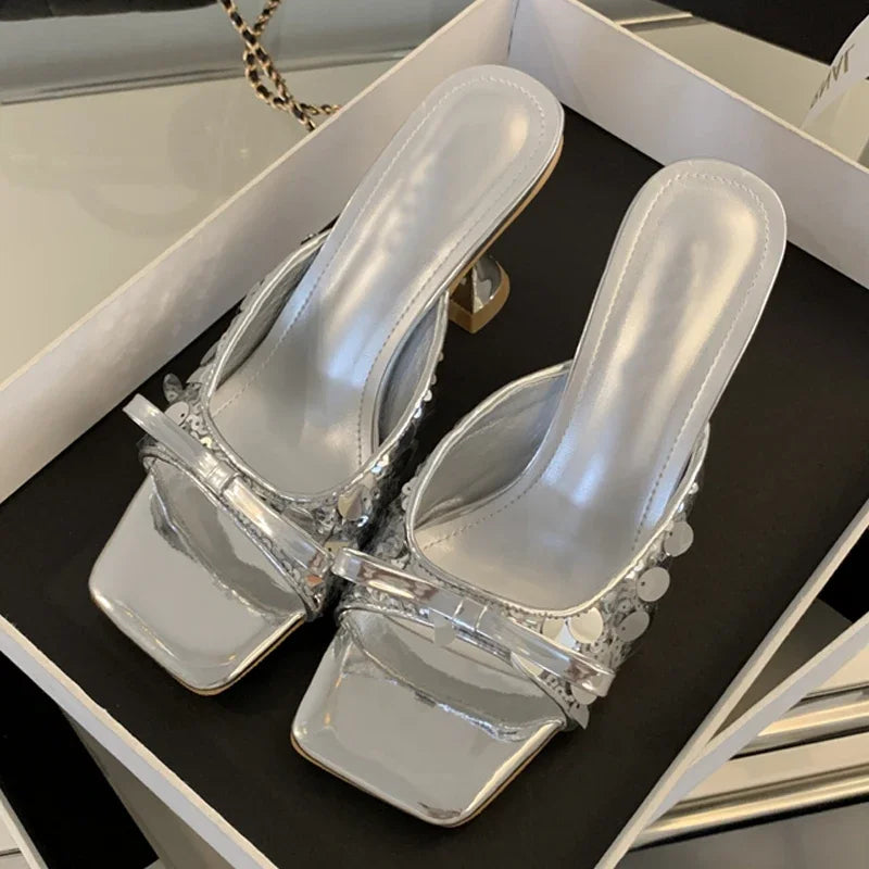 Sequined Square Toe Women Slippers  Butterfly-knot Elegant High Dress Shoes Low Heel Pumps Secondary image