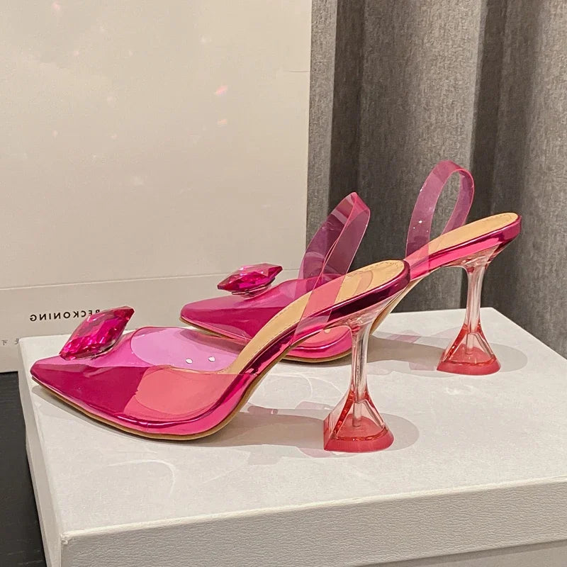 Sexy Perspex High Slingbacks Women Designer Pointed Toe PVC Transparent Shoes Low Heel Pumps