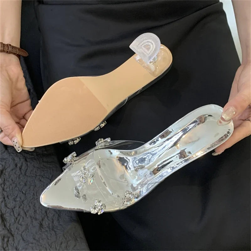 Diamond PVC Transparent Pointed Toe High Women Slippers Summer Slide Shoes Low Heel Pumps Secondary image