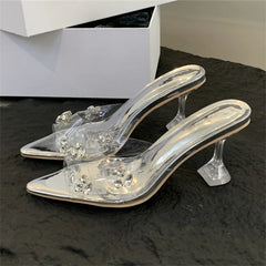 Diamond PVC Transparent Pointed Toe High Women Slippers Summer Slide Shoes Low Heel Pumps