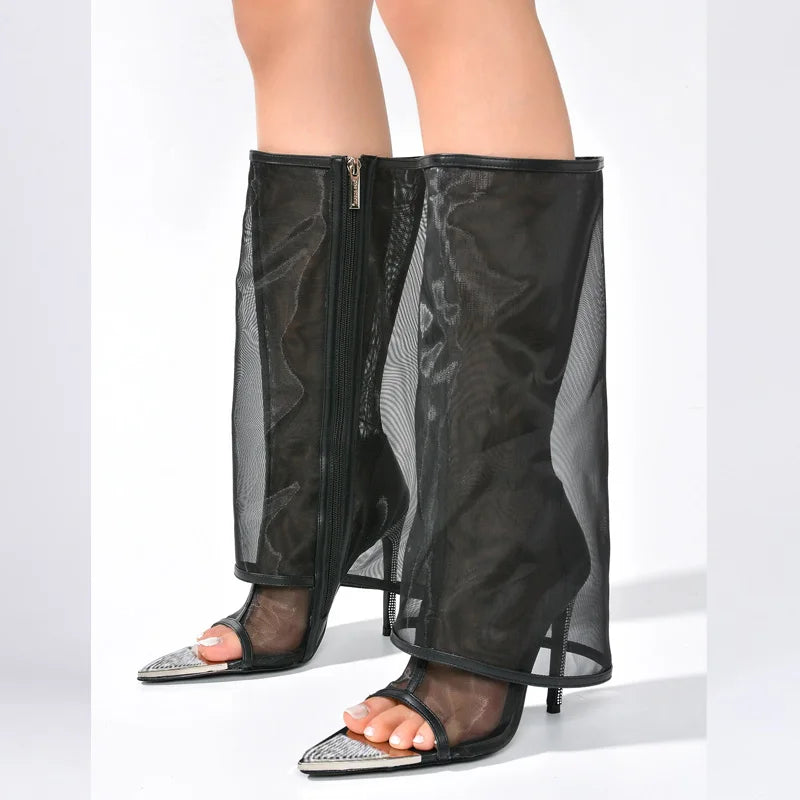 Fashion Mesh Very Light Comfort Thin Heels Open Toe Knee High Boots Main image
