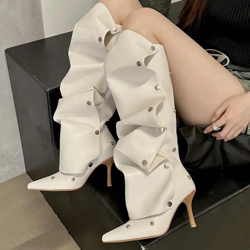 Pleated Button Strap Pointed Toe Thin Heels Night Club Stripper Knee High Boots Main image