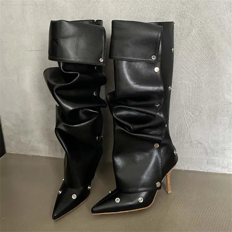 Sexy Pleated Button Strap Pointed Toe Thin Heels Night Club Stripper Knee High Boots