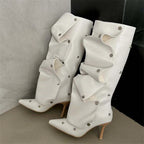 Pleated Button Strap Pointed Toe Thin Heels Night Club Stripper Knee High Boots