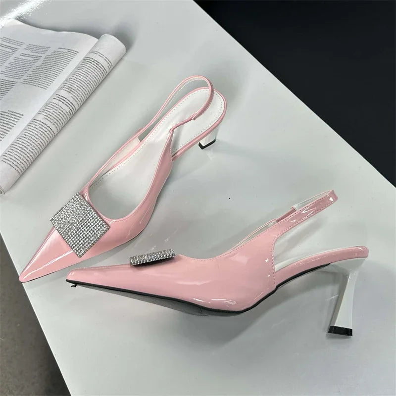 Square Button Women Thin Pointed Toe Slingback Mules Ladies Shoes Low Heel Pumps Main image